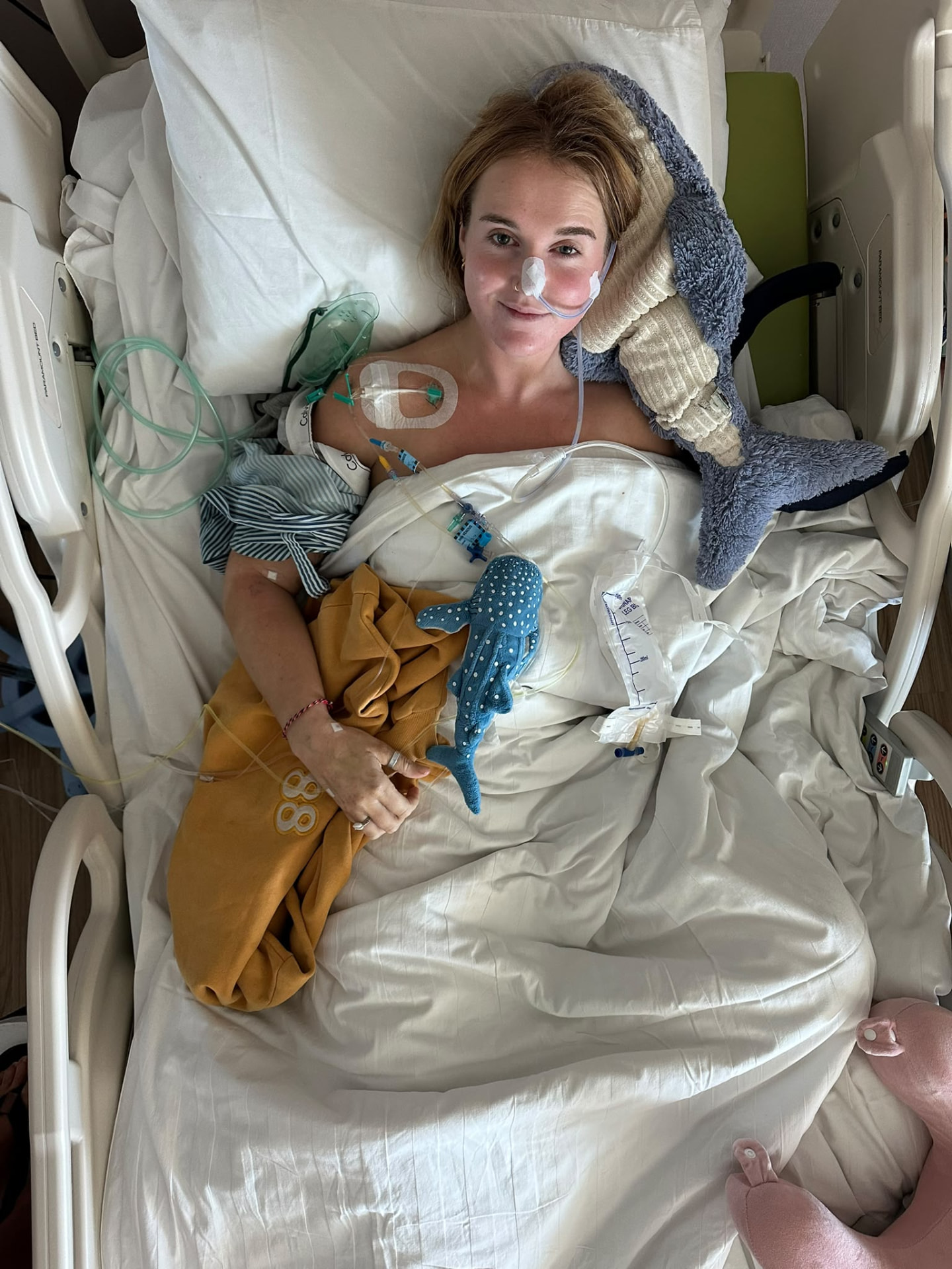 Georgia in a hospital bed with her sea-creature soft toys, seen from above